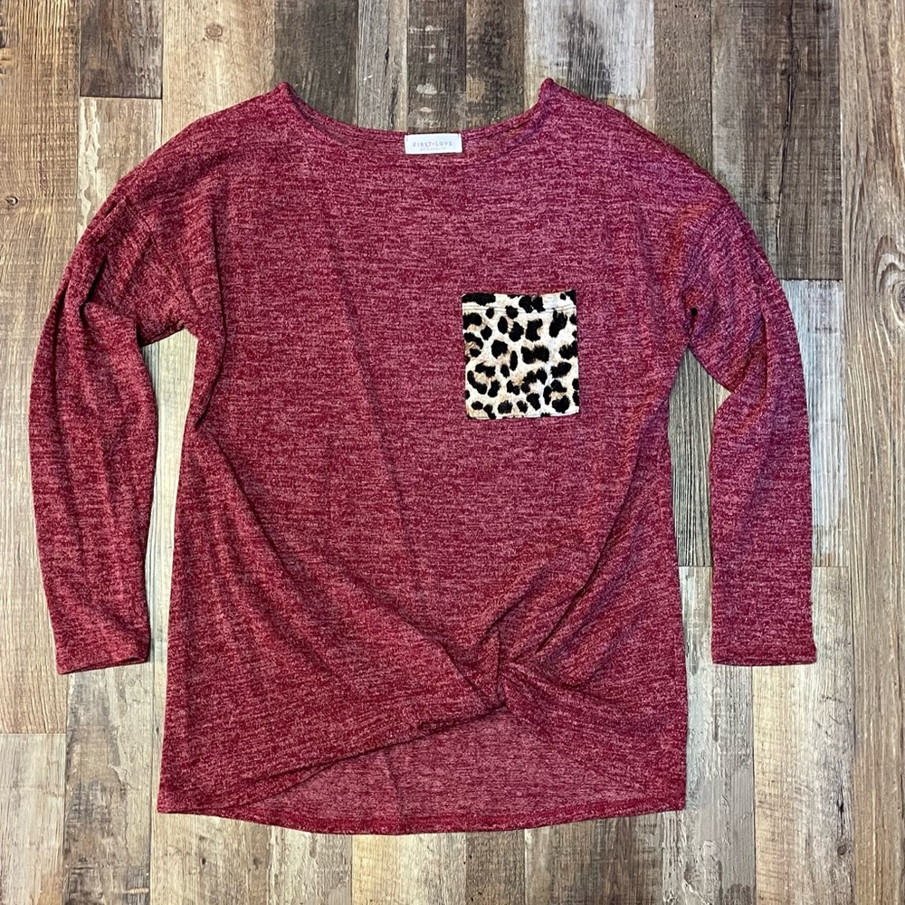 Burgundy Twisted Hem Top with Leopard pocket - Picture 1 of 9